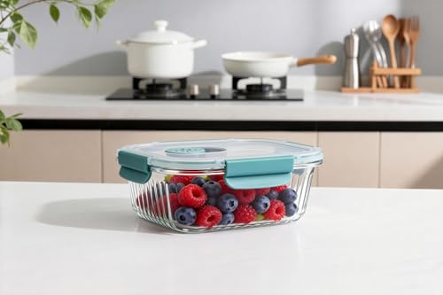 Image of STEGL 640ml Rectangle Glass Food Container - Airtight Storage Container with Vented Cool Lock PP Lid | Meal Prep Box with Smart Slip-Vent | Microwave & Fridge Safe | Striped Embossed Design