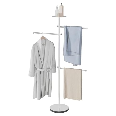 RFOUO Freestanding Towel Racks for Bathroom with Weighted Base, 42-Inch Floor Standing Towel Rack Stand,3 Adjustable Arms with Storage Tray,Stainless Steel Brushed Finish Cover