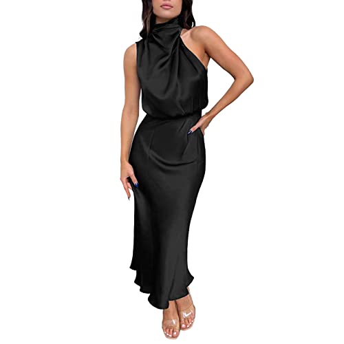 Damen Elegant Ärmellos Neckholder Satin Sommer Hochzeit Lang Abendkleider