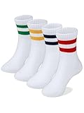 COTTON DAY Unisex School Kids Boys Girls Soft Cotton White Athletic Socks with Colorful Stripes 4-6 Years S (6)