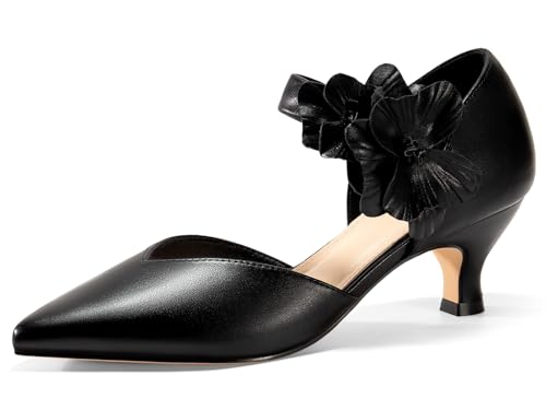 Coutgo Womens Low Kitten Heels Dressy Shoes Comfortable Closed Toe Flower Slip on Formal Party Dance Heeled Pumps