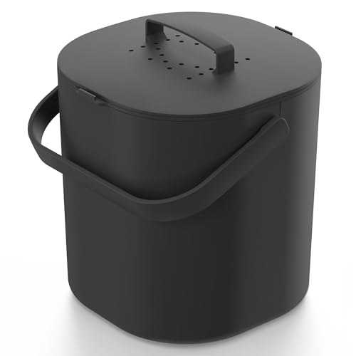 PTMS® Poubelle Compost Cuisine 6L - Seau à Compost avec Filtre à Charbon Actif et Couvercle à accrocher - composteur Cuisine Anti-Odeur, Lavable au...