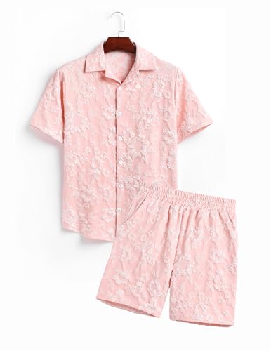Image of ZAFUL Men's 2 Pieces Sets Outfits Summer Beach Set Short Sleeve Button Down Zip Up Shirt And Short Sets