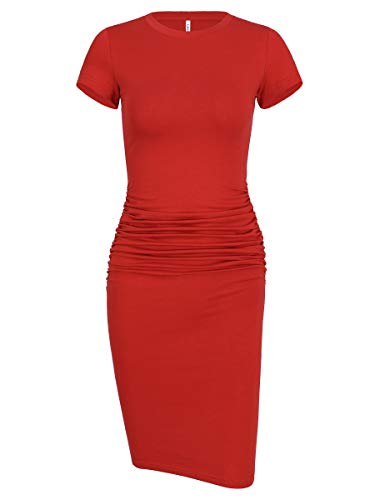 Laughido Women's Ruched Casual Plain Sundress Short Sleeve Knee Length Sheath Bodycon T Shirt Dress Rust #TOP1