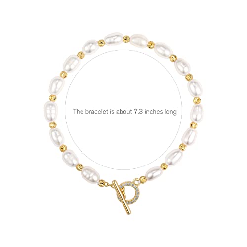 Inzheg Gold Pearl Strand Bracelet Freshwater Baroque Chain Link Handmade Bolo Gold Pearl Bracelet Trendy Dainty Charm Wedding Bangle Mother's Day Gift For Women Girls #TOP1