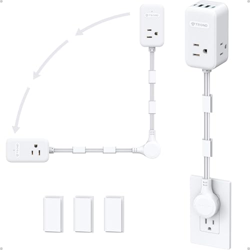 TROND Electrical Outlet Extender 360° Rotating Plug with 20W USB C, 18in Short Extension Cord, Wall Plug Adapter With 3 AC Outlets, Access Hard-to-Reach Outlets Use Behind Couches, Desk, White