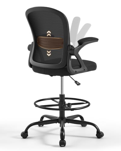 Image of Drafting Chair with Tall Office Chair for Standing Desk | Flip-up Armrests, Adjustable Lumbar Support, Height‑Adjustable Footrest Ring & Seat, Ergonomic Tall Desk Chair