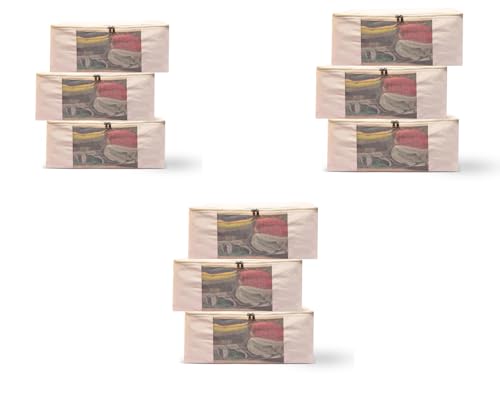 Image of Cotton-Canvas Clothes Storage Bag /Saree Covers For Storage /Saree Covers with Zip Design for Woman Dresses, Sarees, Lehengas for Wardrobe Organizer (17 x 14 x 7 Inch) (Pack of 9)