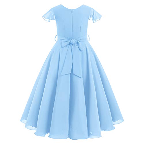 Flutter Sleeves A-Line Flower Girl Dress Bridesmaid Wedding Long Ball Party Wear Ruched Bust Dress Wedding Party Graduation Evening Dance Gown Light Blue 11-12 Years #TOP2