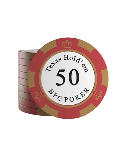 Bullets Playing Cards, 25 Clay Pokerchips Carmela für Pokerset, Wert 50-14g, 4cm Durchmesser, Farbe Rot, Braun…