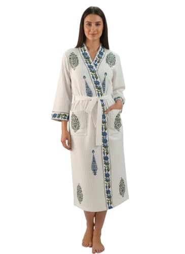 Hand Block Print Waffle Cotton Fabric White Bathrobe For Women's Ultra-Soft & Lightweight After Bath Spa Bathrobe | Highly Absorbent Flower