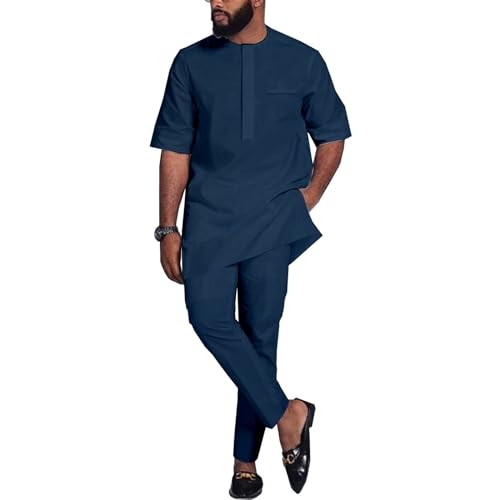 African Men Suit Summer Fashion Dashiki 2 Piece Sets Attire top Pants Outfits Traditional Working Clothes