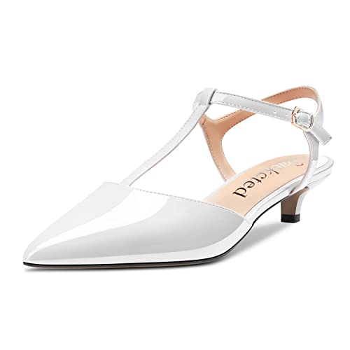 Saekcted Women Low Kitten Heel Pointed Toe T-Strap Ankle Strap Pumps Classic Cute Dress 1.4 Inches Heels2