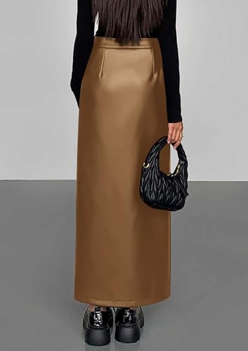 PRETTYGARDEN Womens Faux Leather Skirts 2025 Fall Fashion Bodycon High Waisted Slit Work Office Winter Maxi Long Pencil Skirt