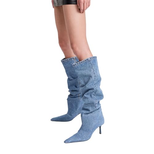 Saint Leia Women's Knee High Boots Pointed Toe Denim 2.76Inch Stiletto Heel Boots4