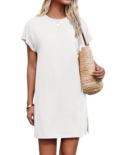 AI'MAGE Women Beach Coverups Short Sleeve Swimsuit Coverups Ladies T-Shirt Dress Casual Loose Slit Beachwear White XL