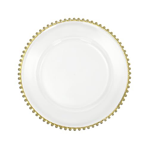 LUOSHALIYA 25 Pcs Clear Charger Plates Bulk, Round Plastic Serving Chargers Plate with Beaded Rim Design for Wedding Dinner Holiday Party Event Table Setting Decoration (Gold)