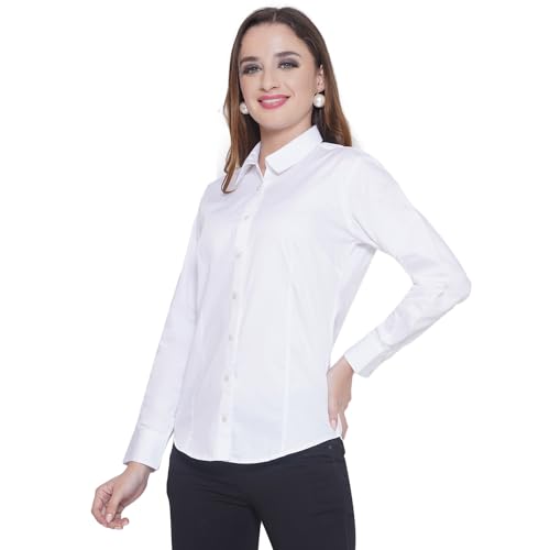 Image of Women's Cotton Solid Long Sleeve Shirt - Formal & Casual Button-Down Long Sleeve Collared Top for Office, Workwear 100% Soft Breathable Cotton Fabric
