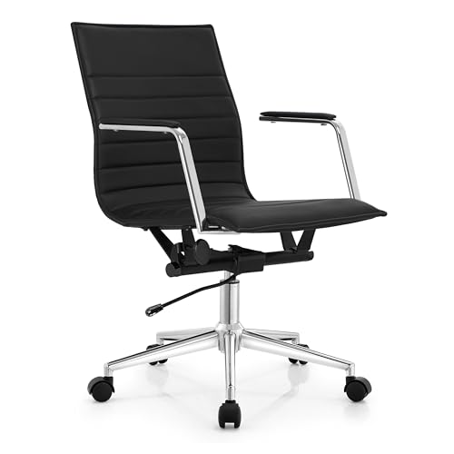 2xhome Mid Century Office Chair with Arms Wheels Modern Desk Chair Ergonomic Executive Chair Mid Back PU Leather Arm Rest Tilt Adjustable Height Swivel Task Computer Conference Room (Black)…