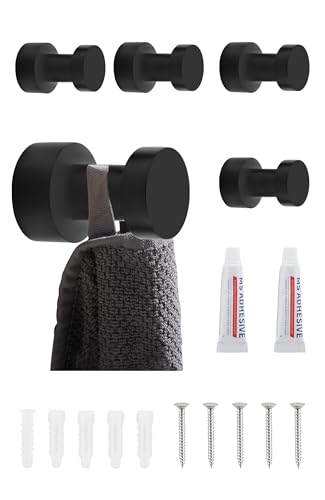 BGL Matt Schwarze Handtuchhaken - Set mit 5 Stück | Rostfreie Metall-Wandhaken für Bad & Küche | Selbstklebend oder zur Wandmontage