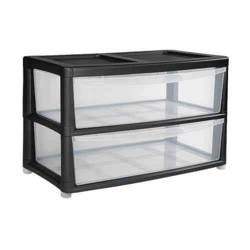 SIDSONS Jumbo Chest 2 Drawers Storage Unit, Plastic Drawers Home Office Closet Bedroom Dorm, Modular Storage Tower Cabinet Nursery School Storage Solution (Black/Clear, 2 Drawers Jumbo)