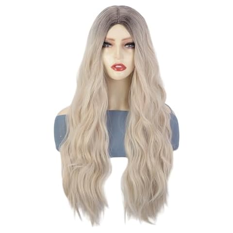 incohair Ombre Blonde Wig for Women Long Wavy Blonde Wigs Middle Parting Synthetic Hair Wigs with Dark Roots Costume Cosplay Wigs Wig Cap Included （27",Ombre Blonde Cover