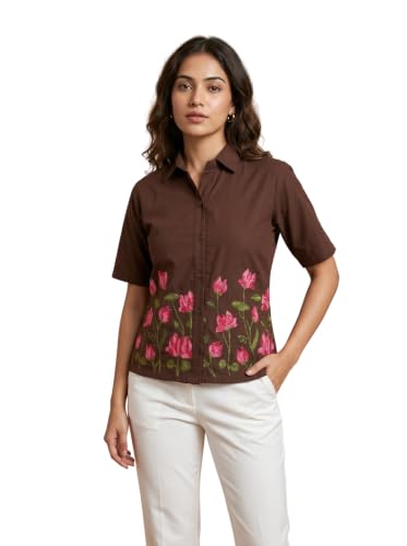 Image of Stylish Women's Embroidered Shirts | Geometric Pattern Half Sleeve Collared Button-Up Casual Shirt for Women