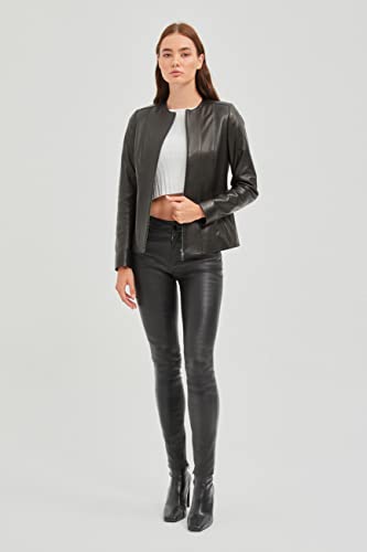 Bigardini Women's Italian Lambskin Leather Jacket - Collarless Black Leather Jacket (3Xl) #TOP2