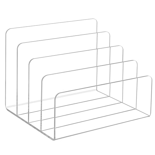 Organizador de Archivos de Escritorio Acrílico Transparente, Clasificador de Correo de Escritorio 4 Ranuras Sujetalibros Portadocumentos Vertical Estante para Carpetas de Cartas, Papeles y Libro