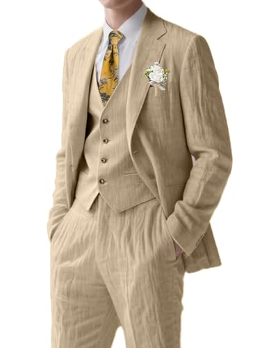 Linen Mens Suit 3 Piece Slim Fit Lightweight Linen Suits Sets Blazer Jackets Vest Pants Summer Casual Travel Tuxedo for Men