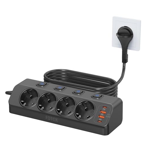 Regleta Enchufe con Proteccion Sobretension, FDTEK Enchufe de Mesa con USB C Carga Rápida PD20W, Ladron Enchufe con Cuatro Interruptores Independientes, Regleta para Pared, Cable de 2M, Negro
