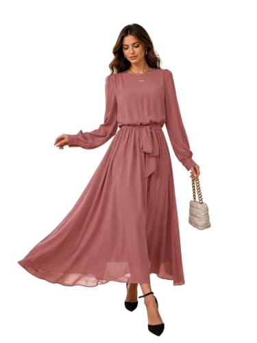 Image of LITZO Women's One Piece Dress - Georgette Solid Color Western Gown | Long Sleeve Round Neck Fit & Flare Flared Hem Design | A-Line Maxi Dress for Women | New Year Party Outfit (NO-14-16)