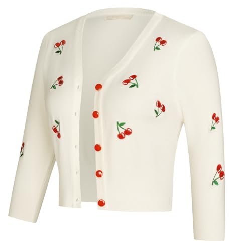 Belle Poque Strickjacken für Damen Vintage V-Ausschnitt 3/4 Ärmel Kirschen Stickerei Strickjacke Pullover S