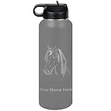 LaserGram Personalized Water Bottle, Horse Head 1, Stainless Steel Double Wall Vacuum Insulated with Flip Top Straw, Custom Engraved Gift (40oz / 1180ml Gray)