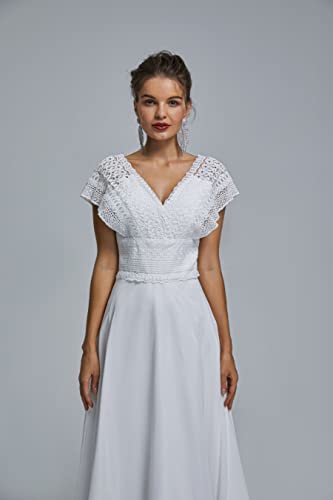 Image of Spaghetti Chiffon Beach Wedding Dress V Neck A line Bridal Gowns Lace Plus Size Wedding Dress
