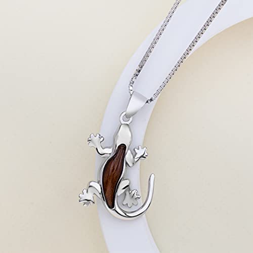 925 Sterling Silver Koa Wood Gecko Pendant with 18" Box Chain, Nickel Free Hypoallergenic for Sensitive Skin, Hawaii Island Jewelry, Gift Box Included2