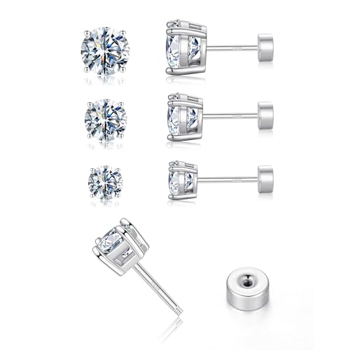 MOOSEA 3 Pairs Moissanite Earrings Studs for Women Men, D Color VVS1 Clarity Lab Created Moissanite Cartilage Earring for Women Men, 925 Sterling Silver Hypoallergenic Stud Earrings Set