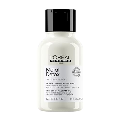 L'Oréal Professionnel, Champú Profesional, Sin Sulfatos, Para Pelo Dañado o Decolorado, Color Duradero y Brillante, Cabello Más Fuerte e Hidratado, Metal Detox, Serie Expert, Formato Mini, 100 ml