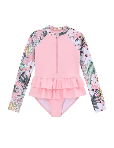 Girls Rash Guard Long Sleeve One Piece Swimsuits Zipper Bathing Suits UPF 50+ Swimwear 3-12Y