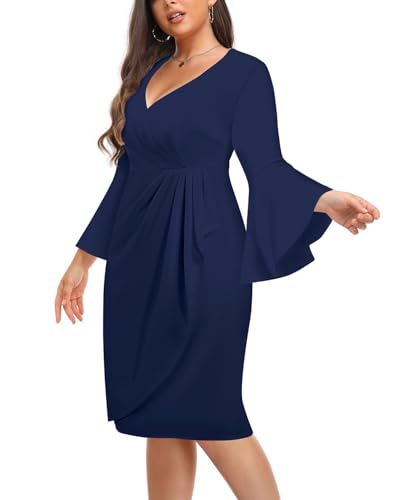 Women Plus Size Work Dress - Semi Formal Wedding Guest Church Business Office Interview V Neck Bell Sleeve Dress3