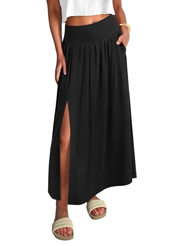 ANRABESS Maxi Skirts for Women Summer Trendy Elastic High Waisted Casual Boho Floral Slit Flowy Skirts with Pockets Fashion Black Large