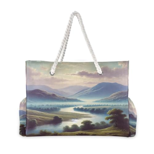 River Mountains Teal Beach Tote Bag for Women Waterproof Swim Pool Extra Large Beach Bags with Zipper Carry On Travel Bag for Grocery Vacation Essentials Yoga Nurse Gym2