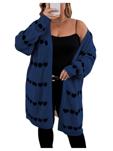 Image of MakeMeChic Women's Plus Size Long Cadigan Sweaters Casual Open Front Kint Lightweight Cadigan Heart Long Sleeve Outerwear