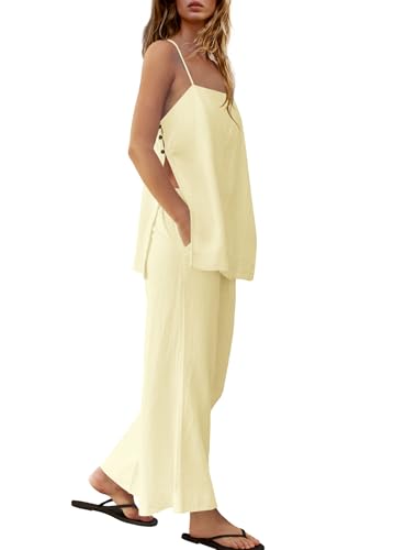 Yanekop Linen Sets for Women 2 Piece Pants Summer Outfits Matching Lounge Sets Spaghetti Strap Tank Top Pants Sets(Beige,L)