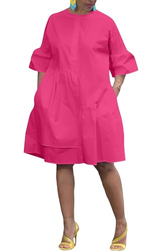 Image of Choichic Button Down Shirt Dresses for Women with Pockets Flare Bell Sleeve A-Line Midi Tunic Dress