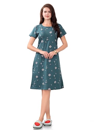 Image of Printed Knee Length Pocket Night Dresses for Women | Cat Lovers | Premium Soft Cotton Nighty | Sky Blue