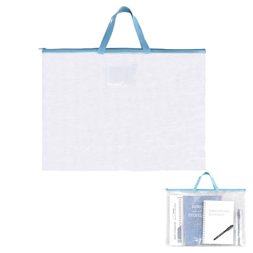 DOINEUFL Art Bag, 17 x 24 Inch Portfolio Case, Clear Mesh A3 Art Folder with Card Holder for Paintings, Homework, File Storage (Blue)