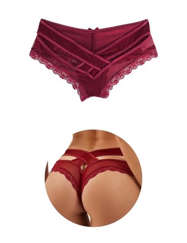 Comfort Knickers for Women Hollow Out Sexy Thongs Lace Hipster Panties Plus Size Briefs Smooth Underwear Red 12 14
