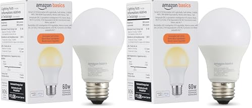 Image of Amazon Basics Smart A19 LED Light Bulb, Dimmable Soft White (2700K), 9W (60W Equivalent), 800LM, Compatible with Alexa Only, Energy Efficient, 2.4 GHz Wi-Fi, No Hub Required, 2-Pack