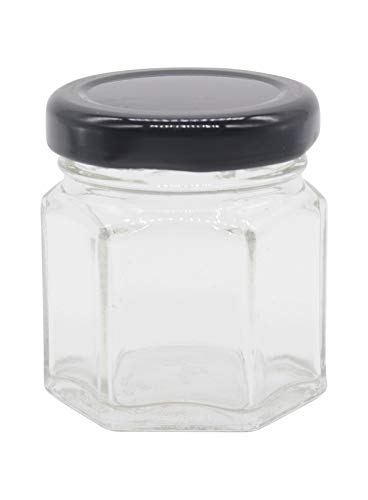 Image of Cute Hexagonal 50 Grams Airtight Glass Jar Containers for Honey, Spices & Other Kitchen Items with Rust Proof Black Caps -Set of 12